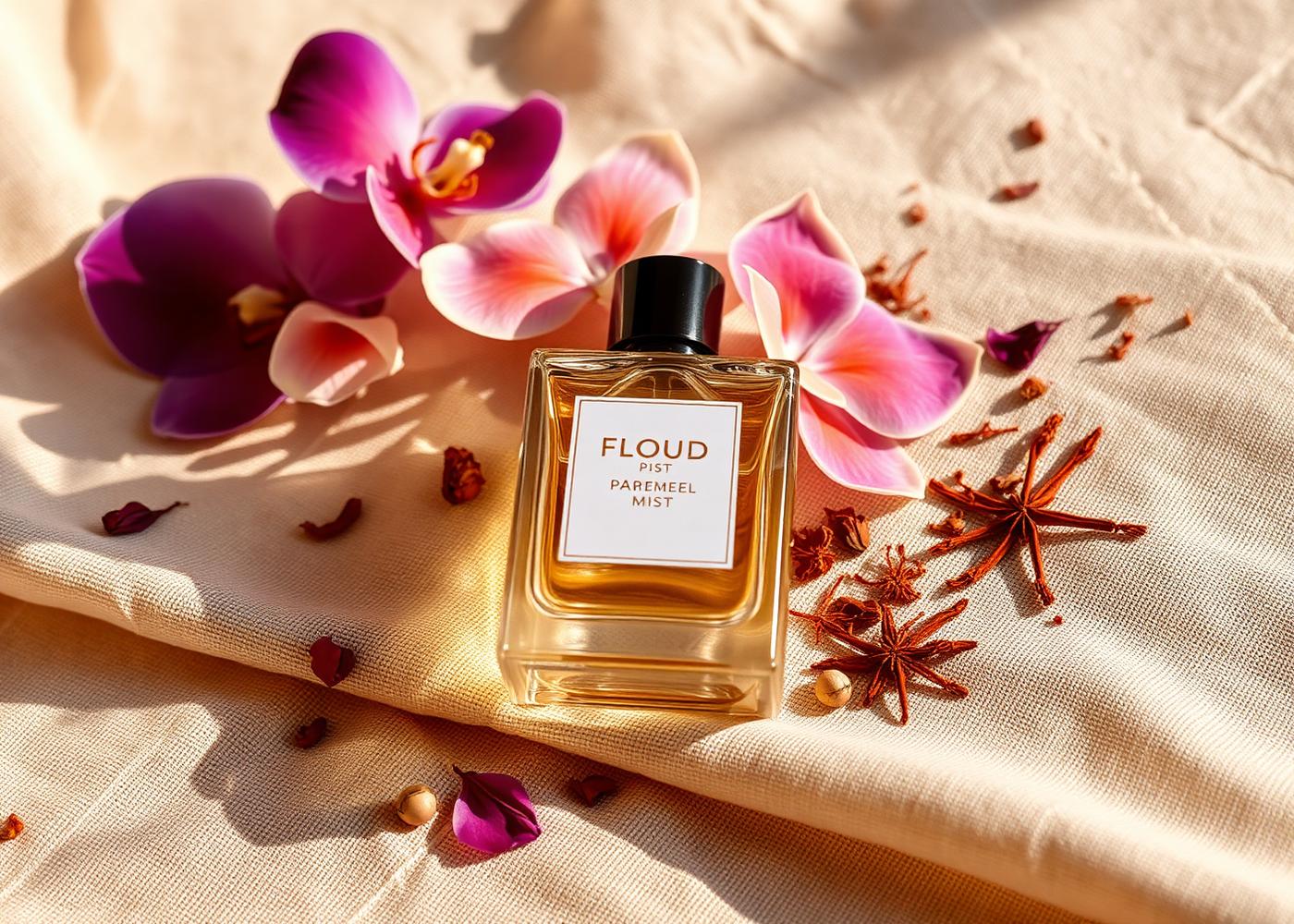 Perfume ingredients arranged on cream linen